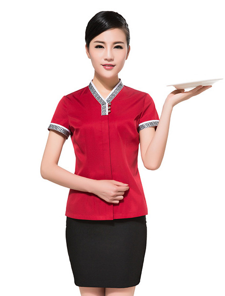 重庆订做酒店红色短袖餐饮制服,中餐员工服装定做厂家